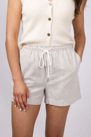 Pinstripe Drawstring Linen Shorts for Women in Khaki | 42713-KHAKI