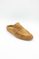 A single tan suede mule loafer shown from a three-quarters angle on a clean white background.