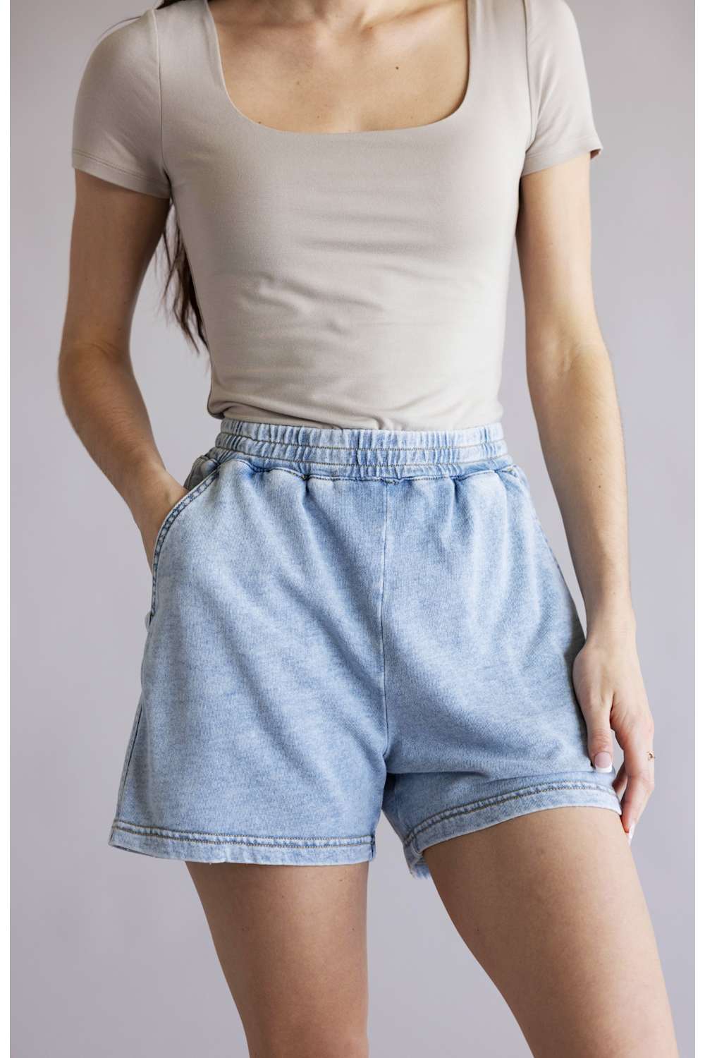 BeCool Elastic Waist Washed Shorts for Women in Light Denim