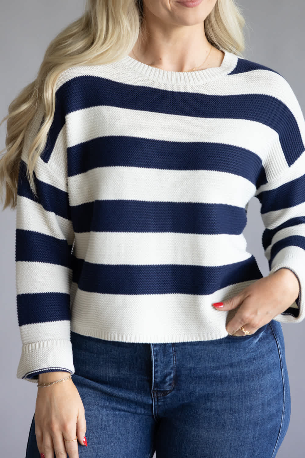 Drop Shoulder Striped Sweater for Women in Navy