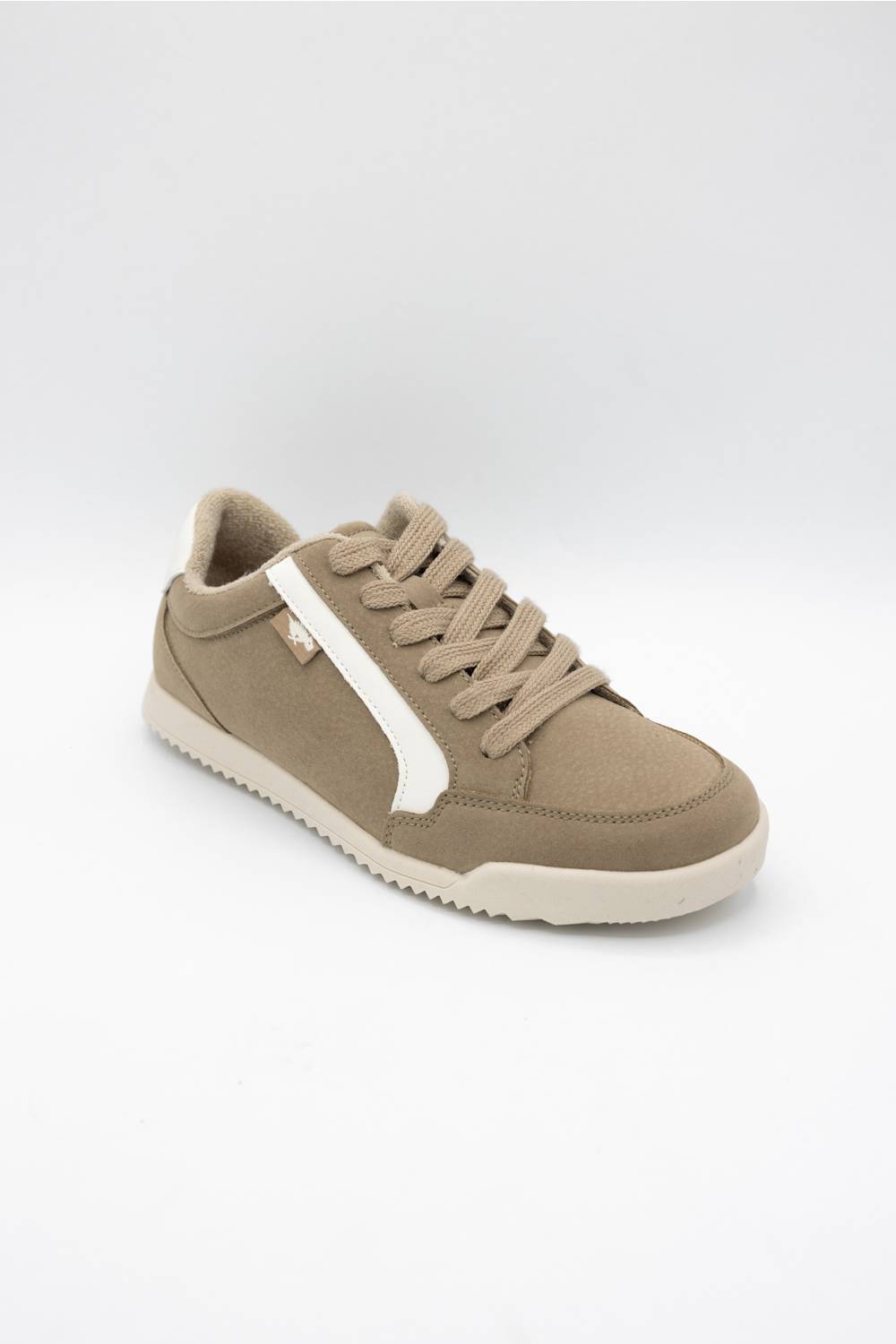 A low-top sneaker in taupe brown suede with a contrasting white side stripe, matching laces, and a white outsole, shown on a light gray background.