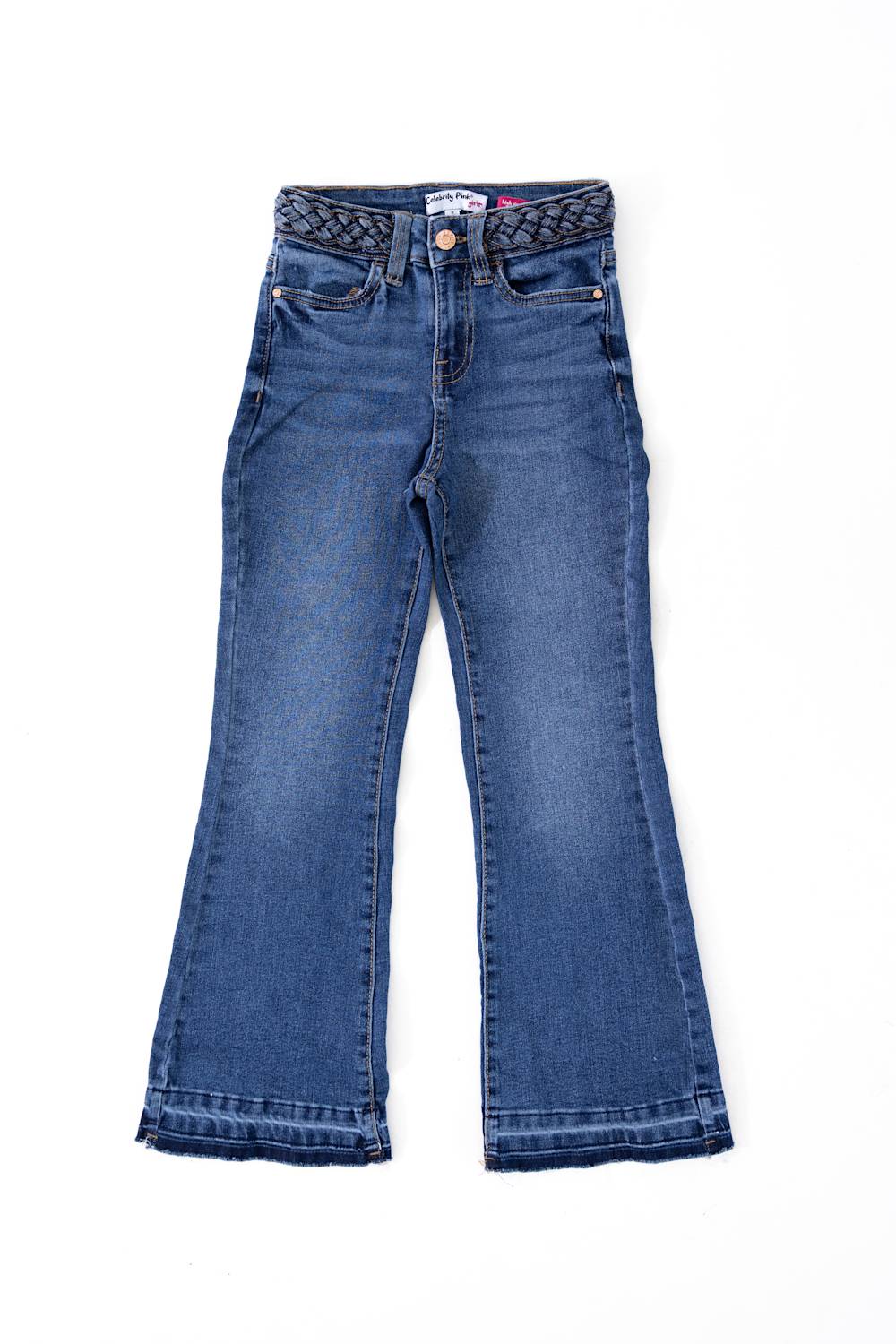 Celebrity Pink Girls Braided Waistband Flare Jeans in Nancy medium wash