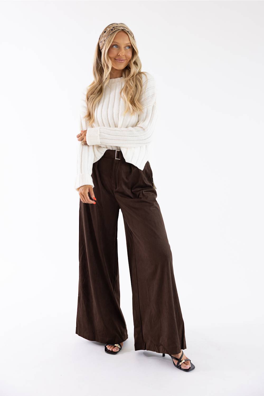 Mustard Seed Suede Pleated Trouser Pants for Women in Chocolate | S26572-CHOCOFONDANT