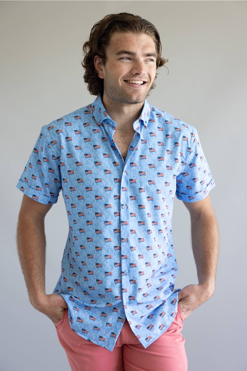  USA Flag Pattern Button Down Shirt for Men in Blue. 