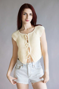 Crotchet Tie Front Knit Top for Women in Cream