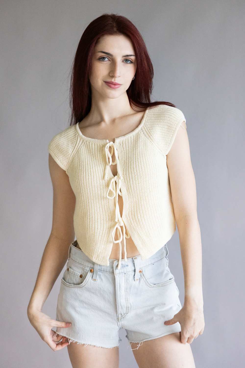 Crotchet Tie Front Knit Top for Women in Cream