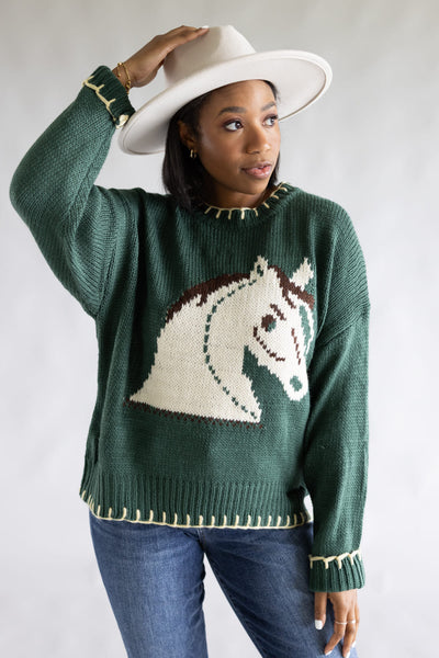 Bailey Rose Horse Stitch Sweater for Women in Green
