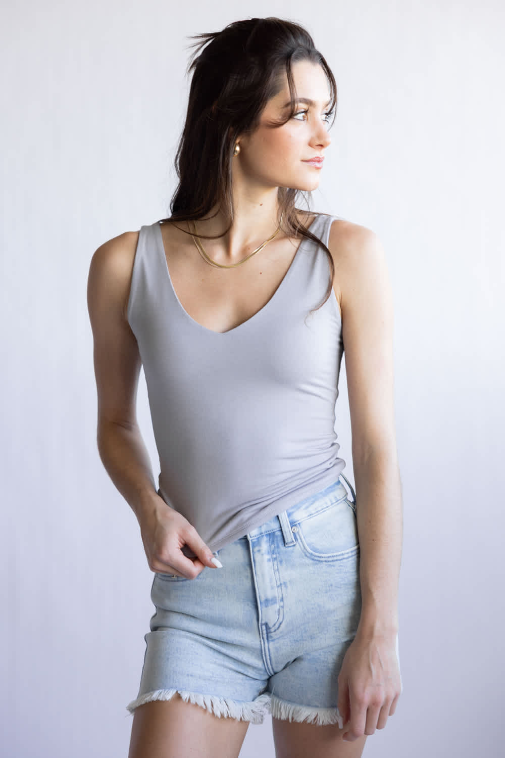 Seamless Double Layer Knit Tank Top for Women in Earth Grey 