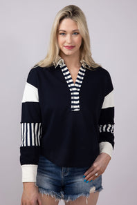 Blu Pepper Color Block Knit Top for Women in Navy
