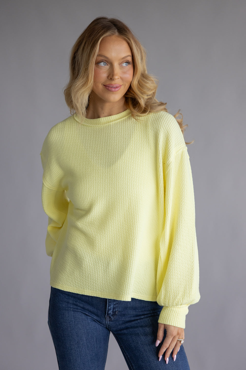 Blu Pepper Crewneck Ribbed Knit Shirt for Women in Yellow