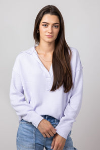 Blu Pepper Ribbed Knit Johnny Collar Polo Shirt for Women in Lavender