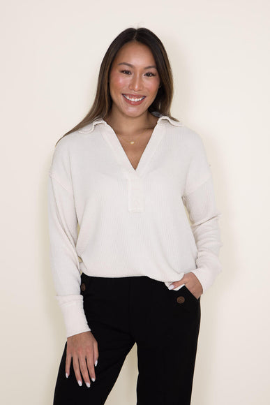 Blu Pepper Johnny Collar Ribbed Knit Shirt for Women in Oatmeal 