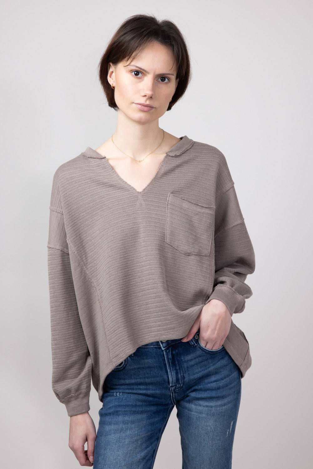 Blu Pepper Notched V-neck Knit Top for Women in Light Mocha