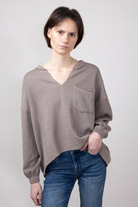 Blu Pepper Notched V-neck Knit Top for Women in Light Mocha