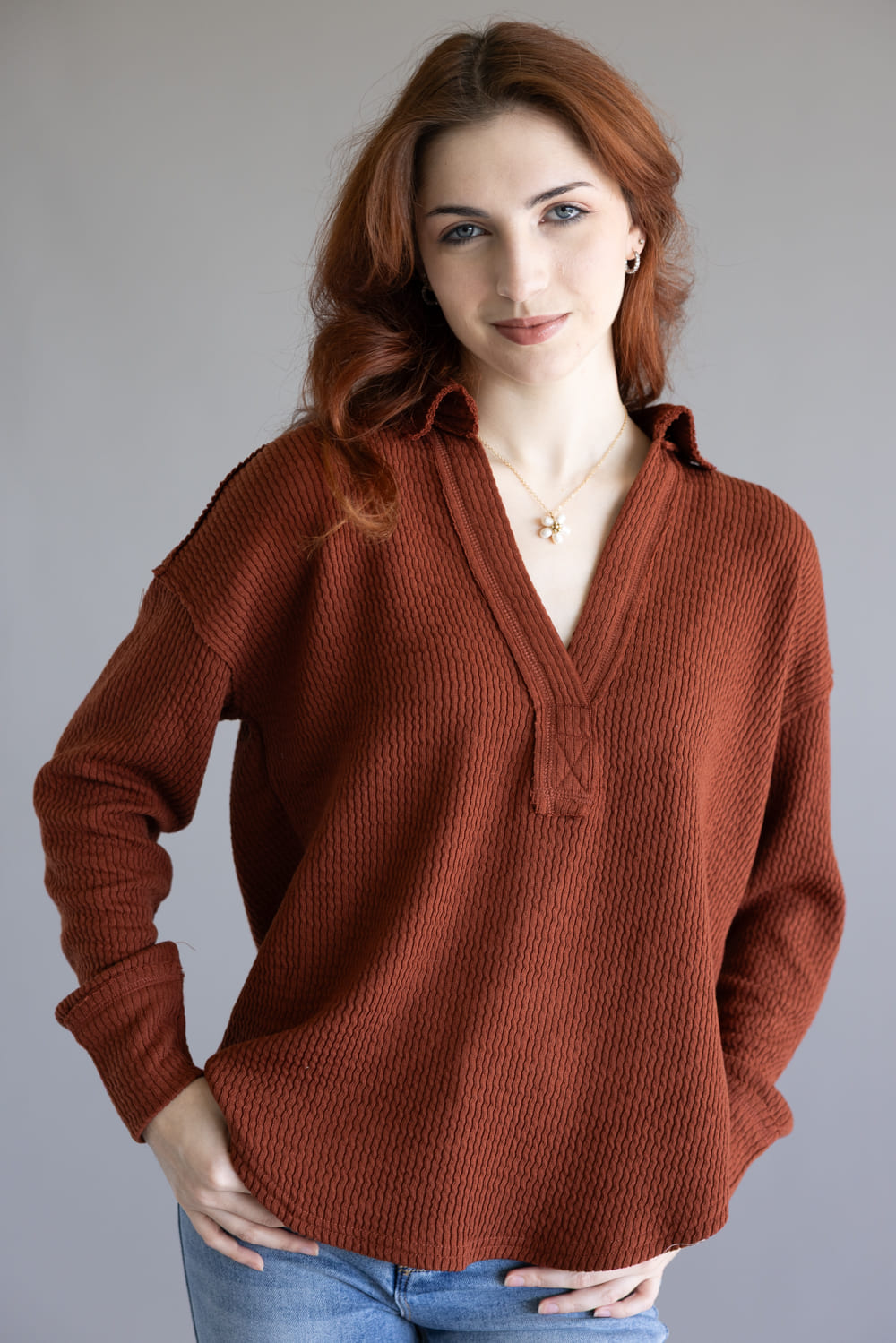 Blu Pepper Ribbed Knit Johnny Collar Polo Shirt for Women in Rust