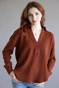 Blu Pepper Ribbed Knit Johnny Collar Polo Shirt for Women in Rust
