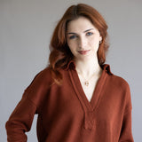 Blu Pepper Ribbed Knit Johnny Collar Polo Shirt for Women in Rust