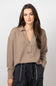 Blu Pepper Ribbed Knit Johnny Collar Polo Shirt for Women in Taupe