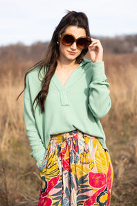 Blu Pepper Ribbed Knit Johnny Collar Top for Women in Sage