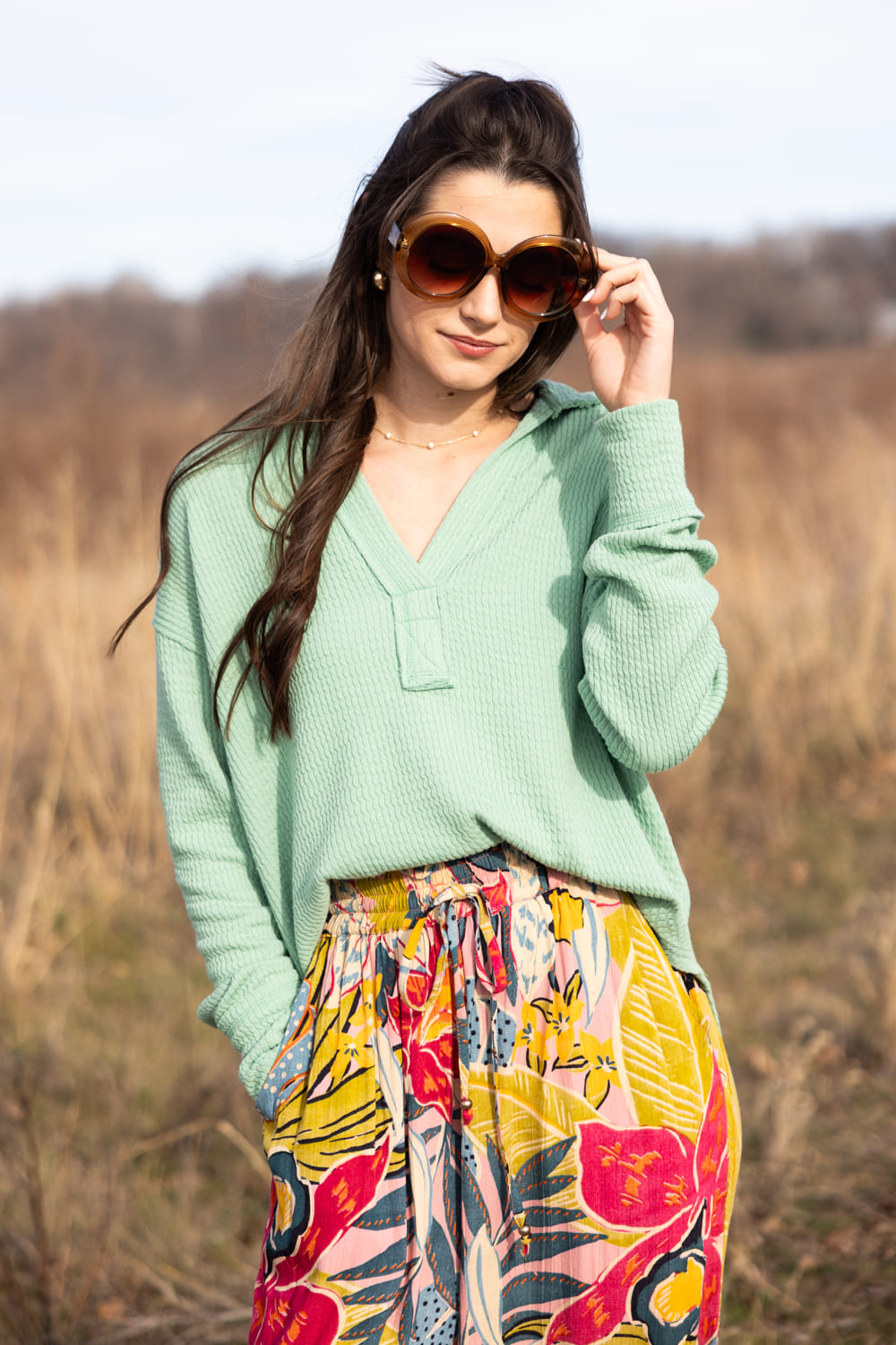 Blu Pepper Ribbed Knit Johnny Collar Top for Women in Sage