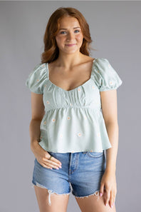 Blu Pepper Woven Floral Puff Sleeve Top for Women in Mint