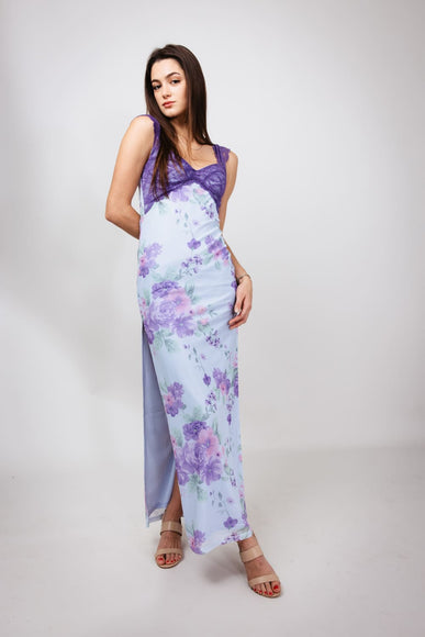 Mesh Floral Print Lace Detail Maxi Dress for Women in Light Blue