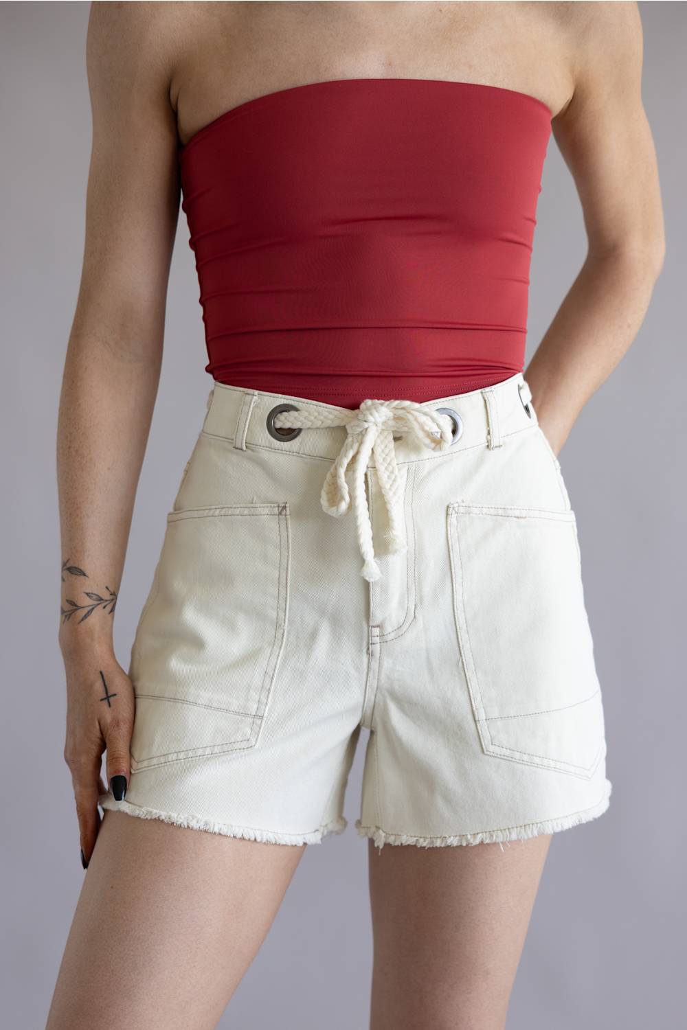 Braided Tie Waist Denim Shorts for Women in Ecru