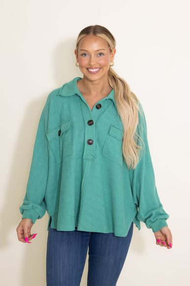 Bucketlist French Terry Fleece Button Up Sweater for Women in Green