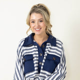 Bucketlist Oversized Fleece Button Up Striped Sweater for Women in Navy
