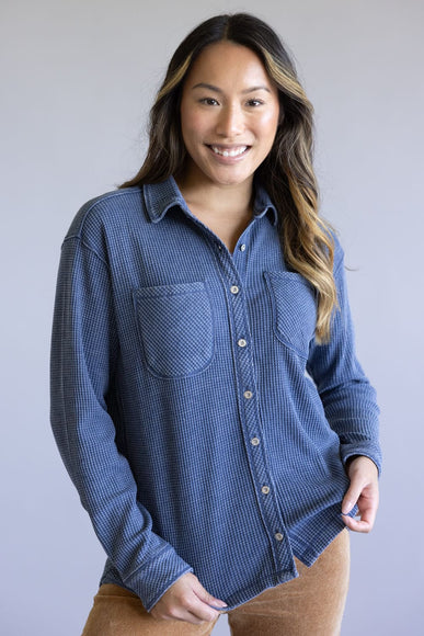 C&C California Mineral Wash Thermal Button Front Shirt for Women in Vintage Indigo