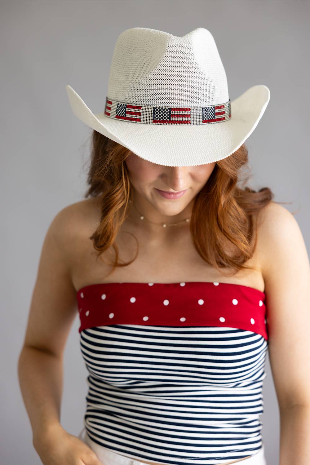 C.C. American Flag Rhinestone Band Cowgirl Hat for Women in White