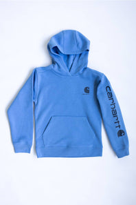 A light blue Carhartt pullover hoodie with a front kangaroo pocket, featuring a small black Carhartt logo on the left chest and a large black Carhartt wordmark with a small bear logo printed down the right sleeve, laid flat on a white background.