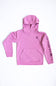 A pink Carhartt pullover hoodie with a front kangaroo pocket, featuring a small dark logo on the left chest and 'carhartt' printed vertically in dark pink on the right sleeve, laid flat on a white background.
