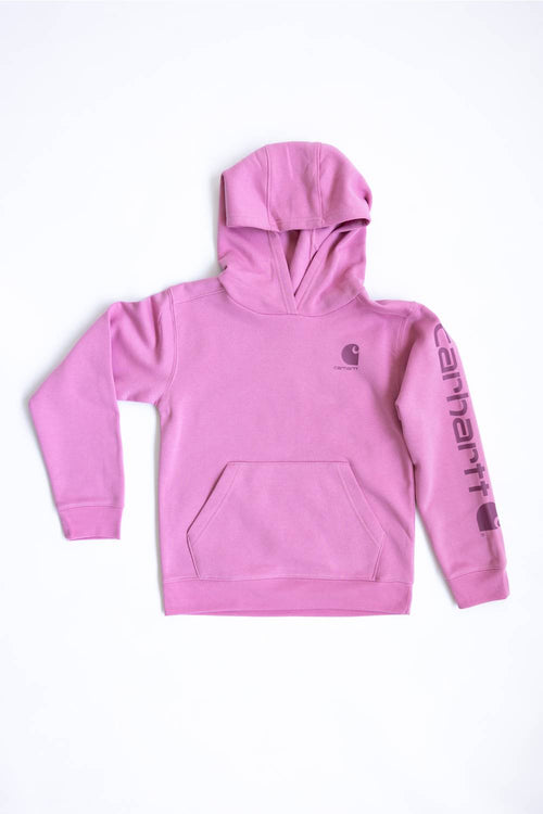 A pink Carhartt pullover hoodie with a front kangaroo pocket, featuring a small dark logo on the left chest and 'carhartt' printed vertically in dark pink on the right sleeve, laid flat on a white background.