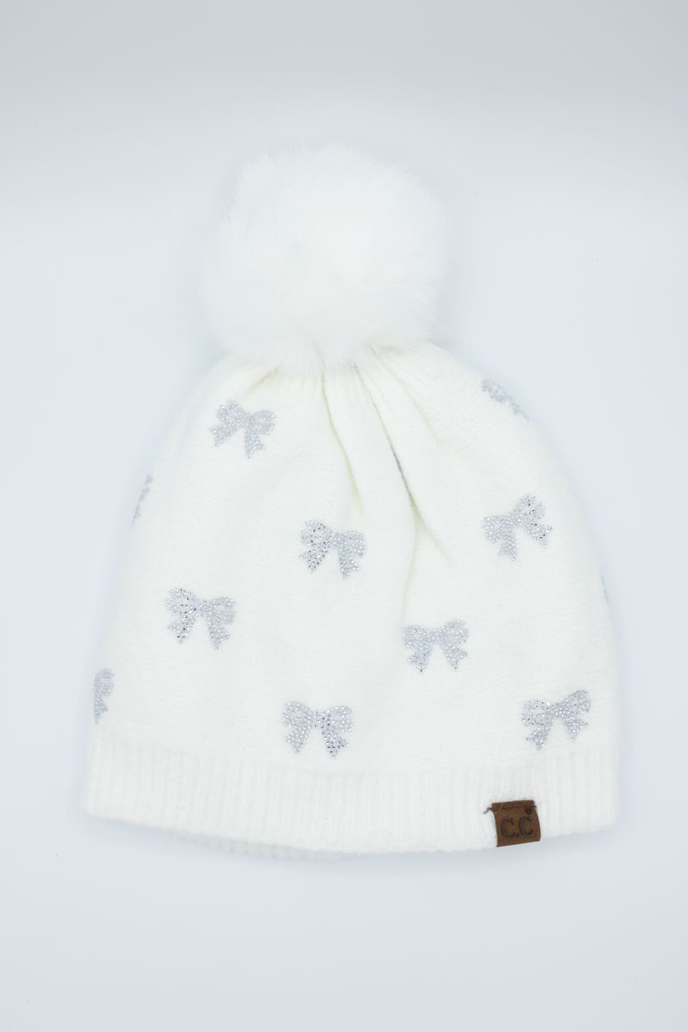 C.C. Bow Rhinestone Pom Beanie for Women in White