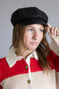 C.C. Faux Leather Newsboy Hat for Women in Black