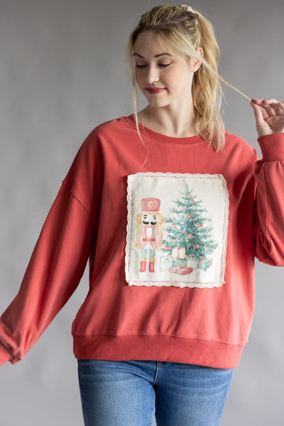 Christmas Corduroy Patch Sweatshirt for Women in Dark Coral