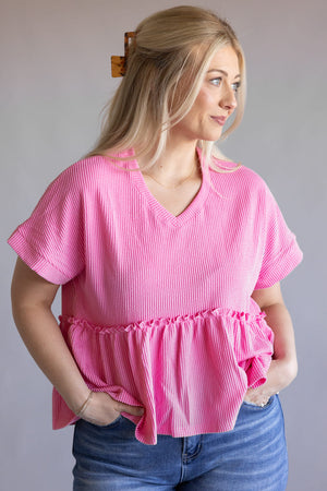 Simply Southern Corded Ruffle Top for Women in Prism Pink | PP