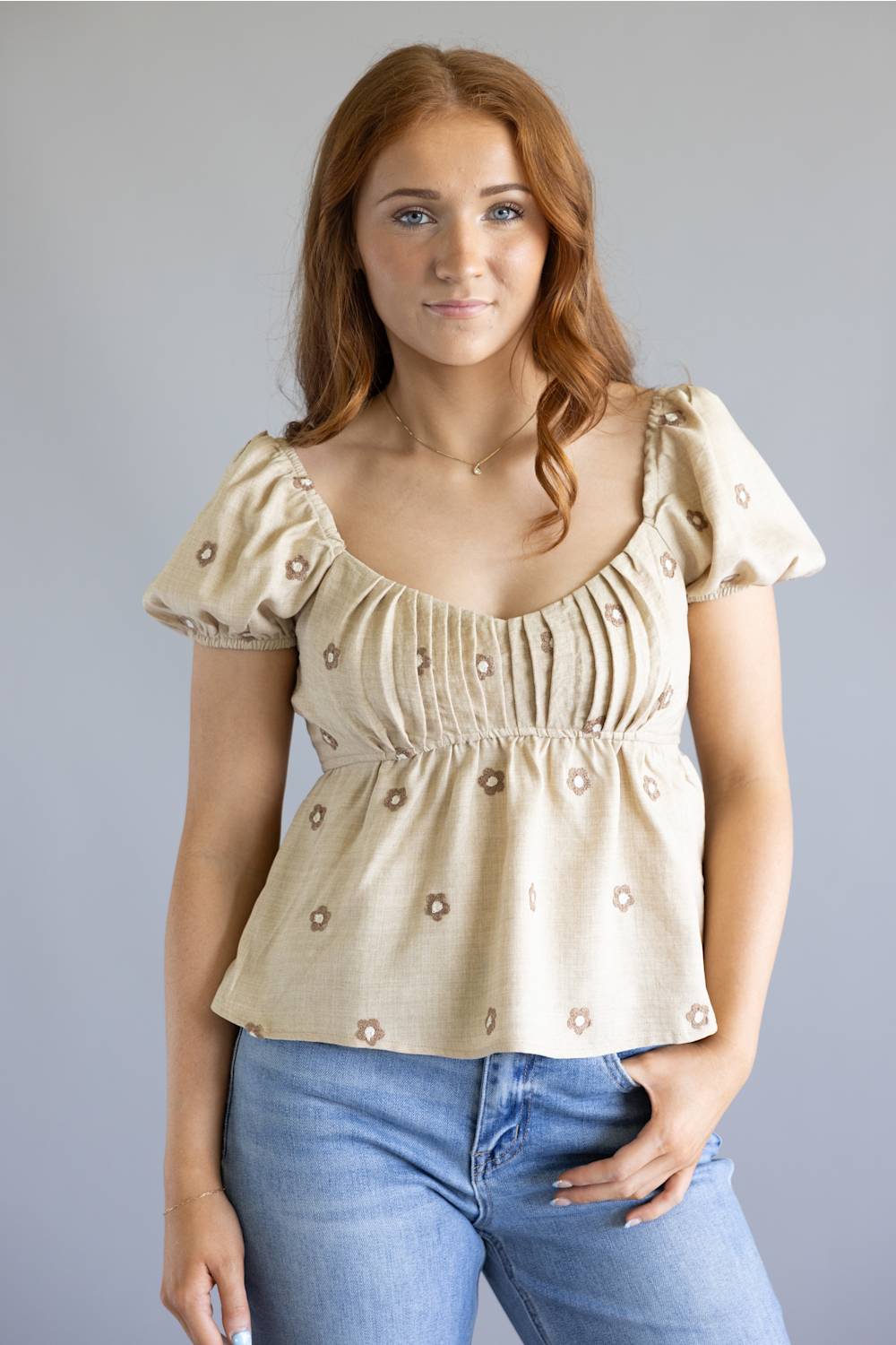 Blu Pepper Woven Floral Puff Sleeve Top for Women in Taupe