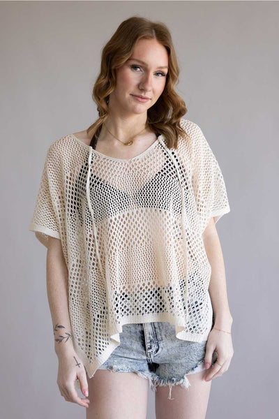 Crochet Tie Poncho Top for Women in Beige | WLPS087-BEIGE – Glik's