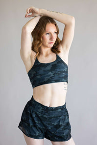 Local Girl Crossover Strap Sports Bra for Women in Black Camo