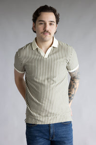 Denim & Flower Striped Crotchet Knit Sweater Polo for Men in Green/Cream