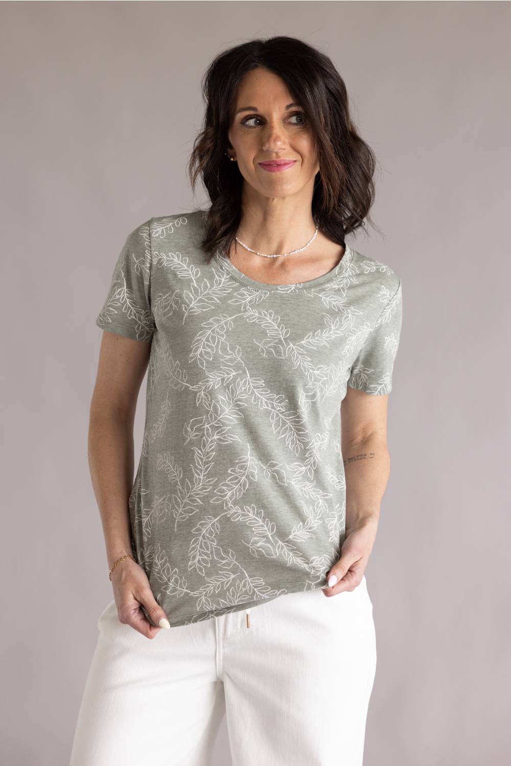 C&C California Karlie Printed Tee for Women in Vetiver Viney Leaves