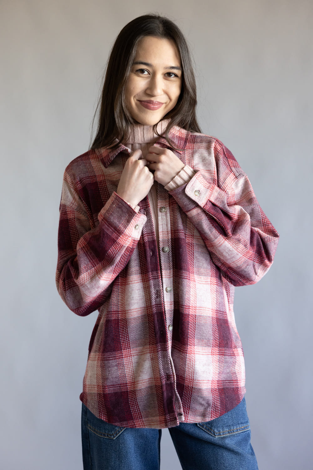 C&C California Kat Oversized Plaid Knit Shirt for Women in Red Plaid