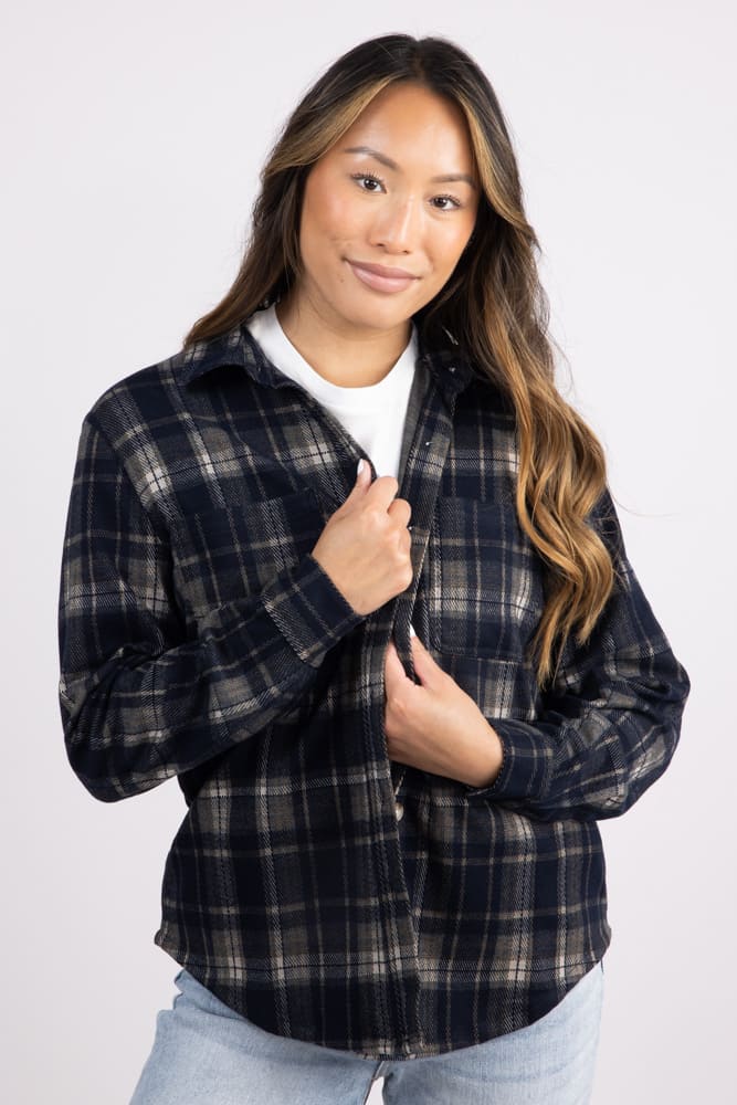 C&C California Marina Jacquard Plaid Button Up Shirt for Women in Navy