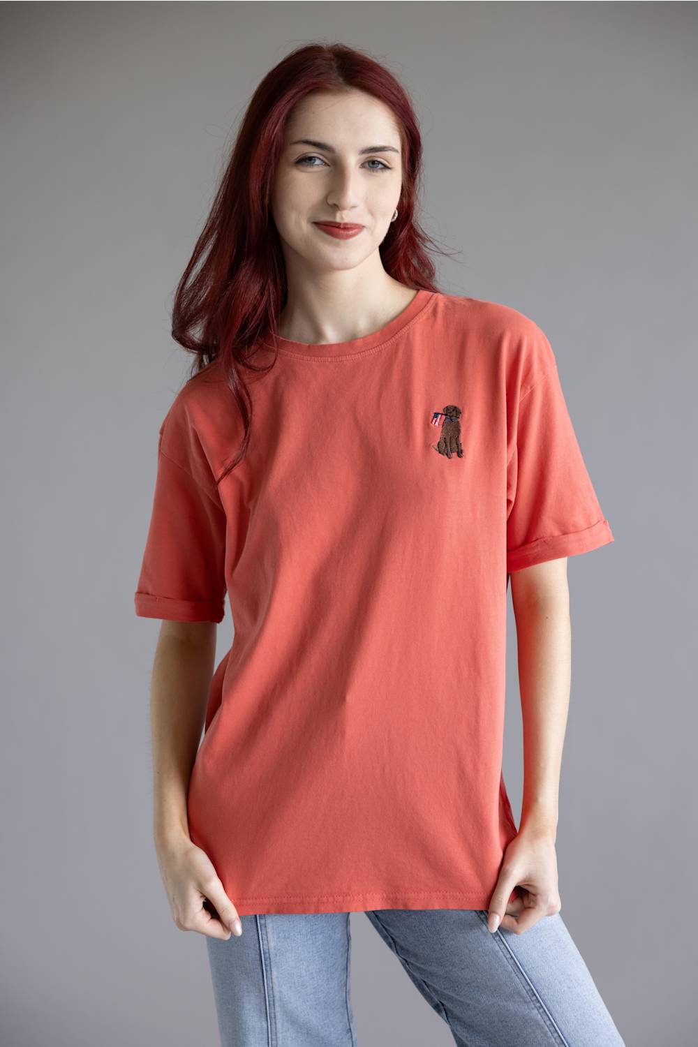 C&C California Melissa Embroidered Flag Dog T-Shirt for Women in Cranberry