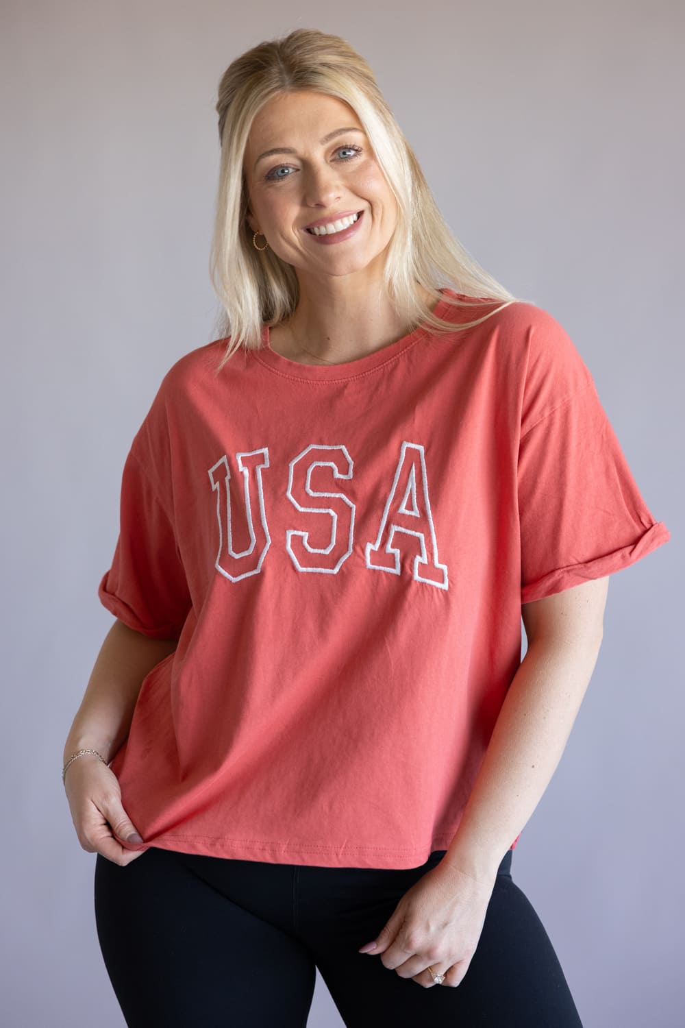 C&C California Melissa Embroidered USA T-Shirt for Women in Cranberry