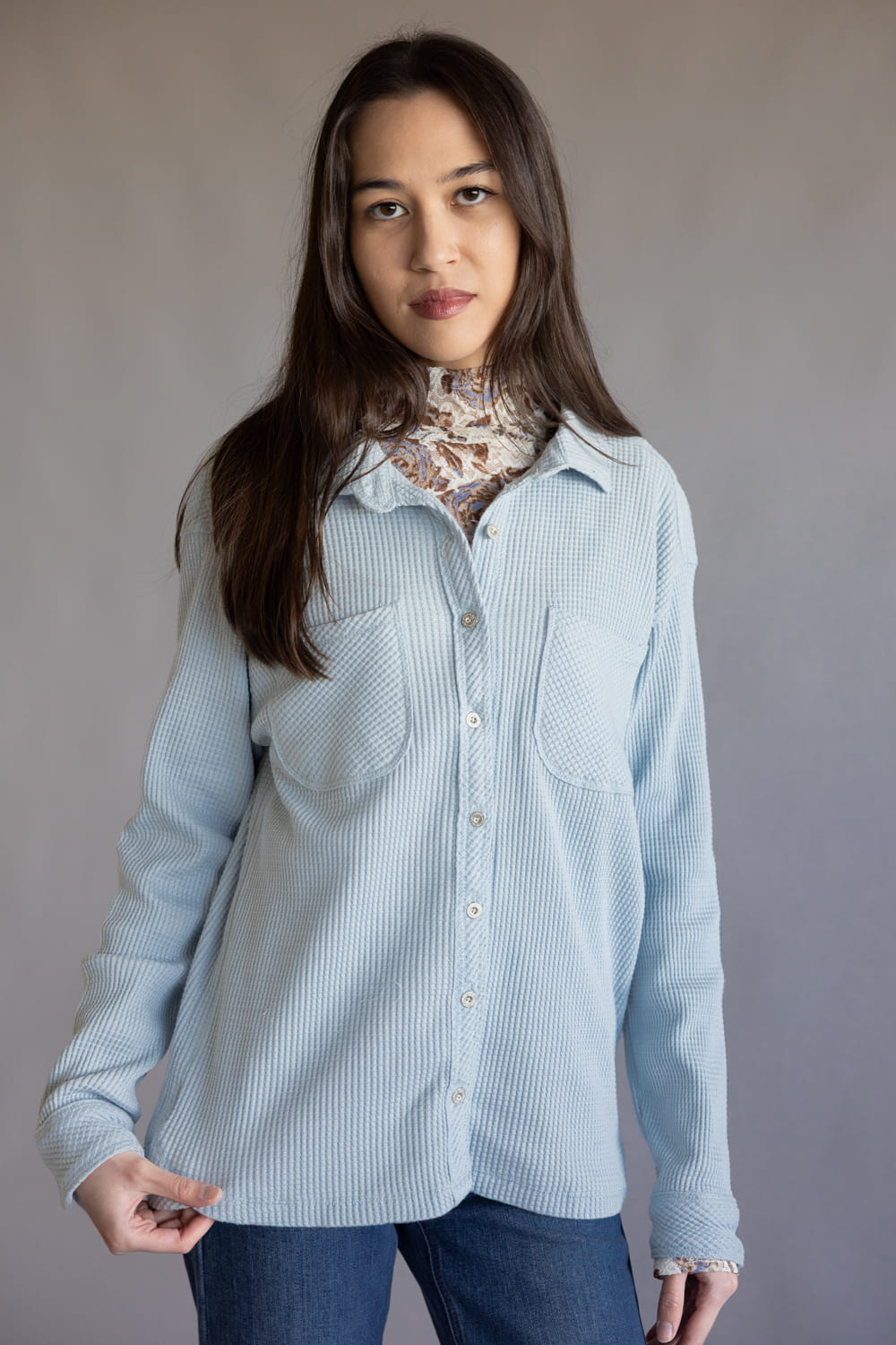 C&C California Mineral Wash Thermal Button Front Shirt for Women in Skyway Blue