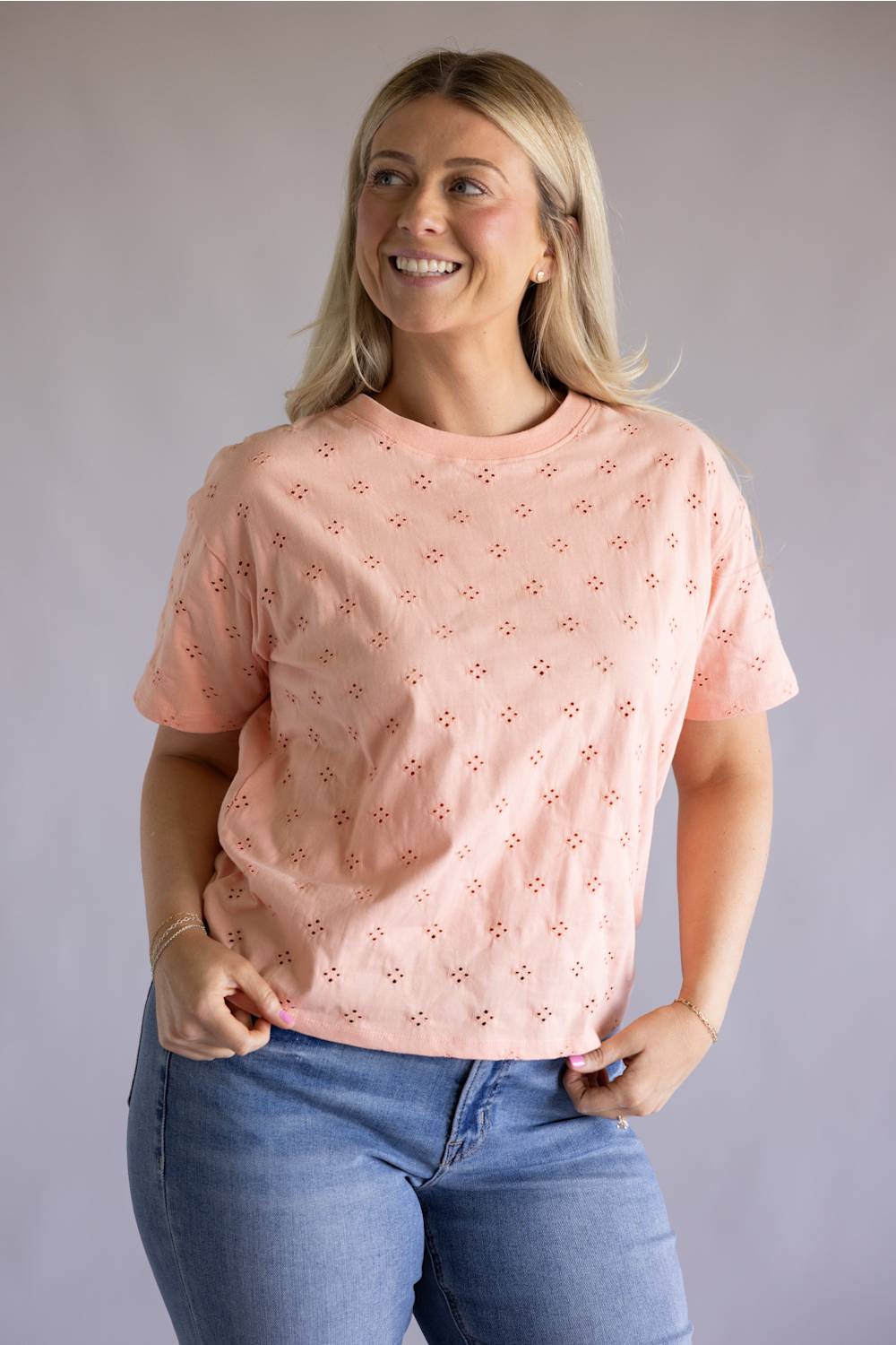 C&C California Toni Eyelet Boxy Crew Tee for Women in Coral Pink