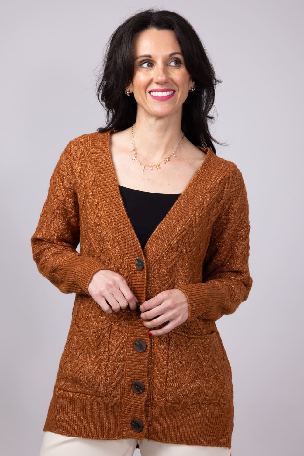 Cable Knit Button Front Cardigan for Women in Cinnamon Stick